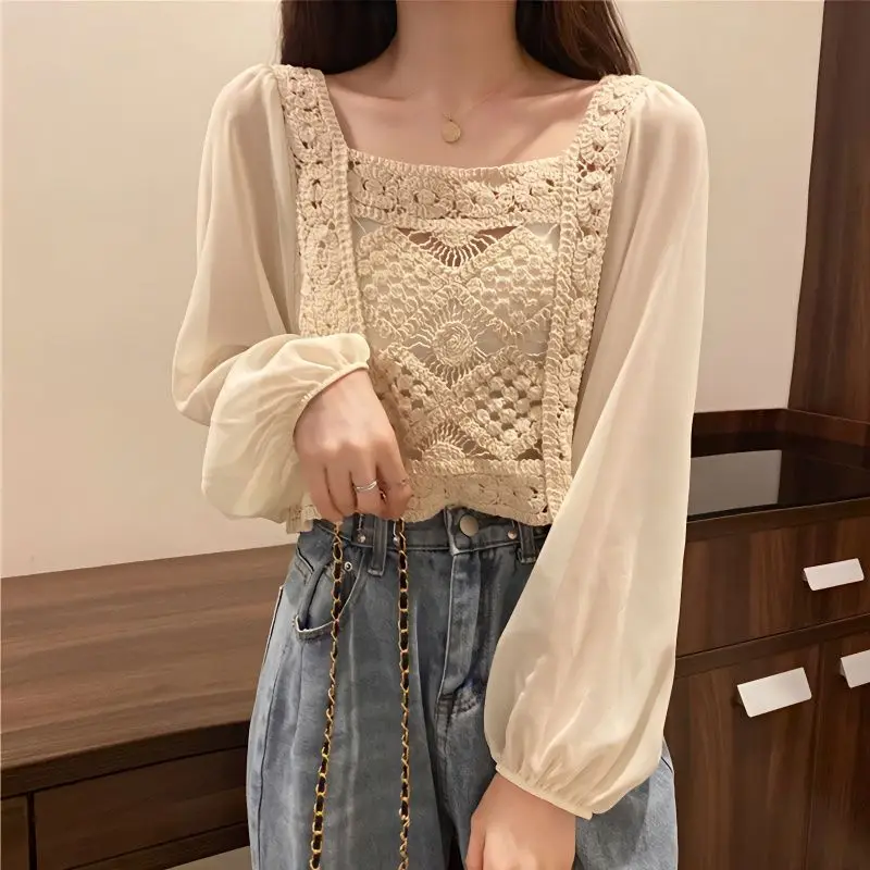 Blouses Women Long Sleeve Knitting Hollow Out Chiffon Patchwork Slim Korean Style Retro Spring Summer Sun-protected Elegant Tops