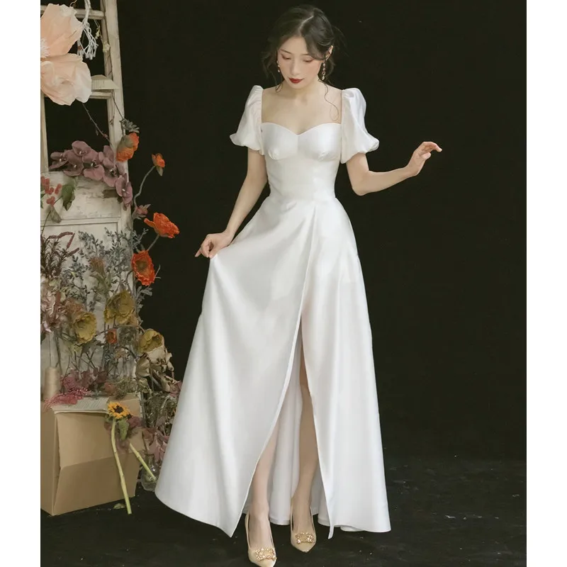 

Simple Satin Wedding Dresses For Women Vintage Short Puff Sleeve Bridal Dress Floor Length Princess Party Gown Vestido De Novia