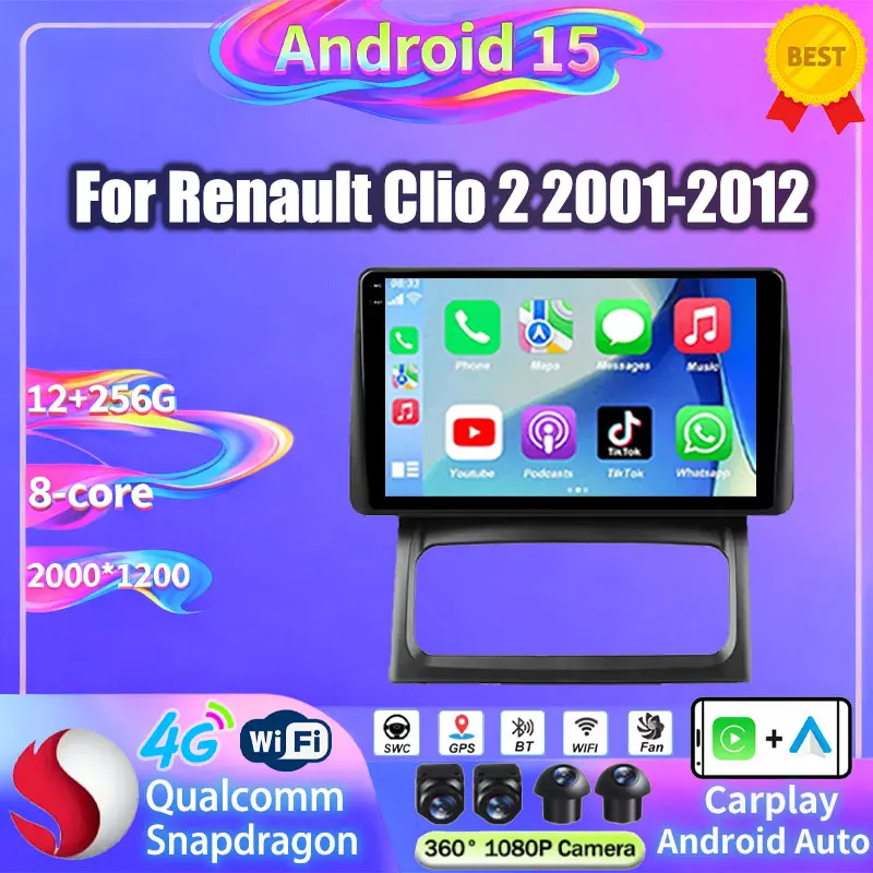 Android 15 Car Radio For Renault Clio 2 BB CB 2001 2002-2012 Multimedia Video Player 2 din GPS Navigation Touch Screen Wifi 5G
