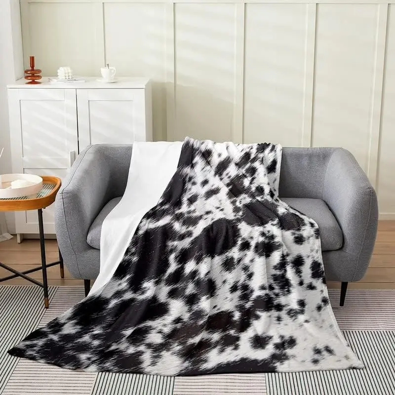 Cowhide Plush Throw Blanket, for Sofa Couch Kids Rustic Farm Cow Fur Flannel Fleece Blanket Set Room Decorative Wild