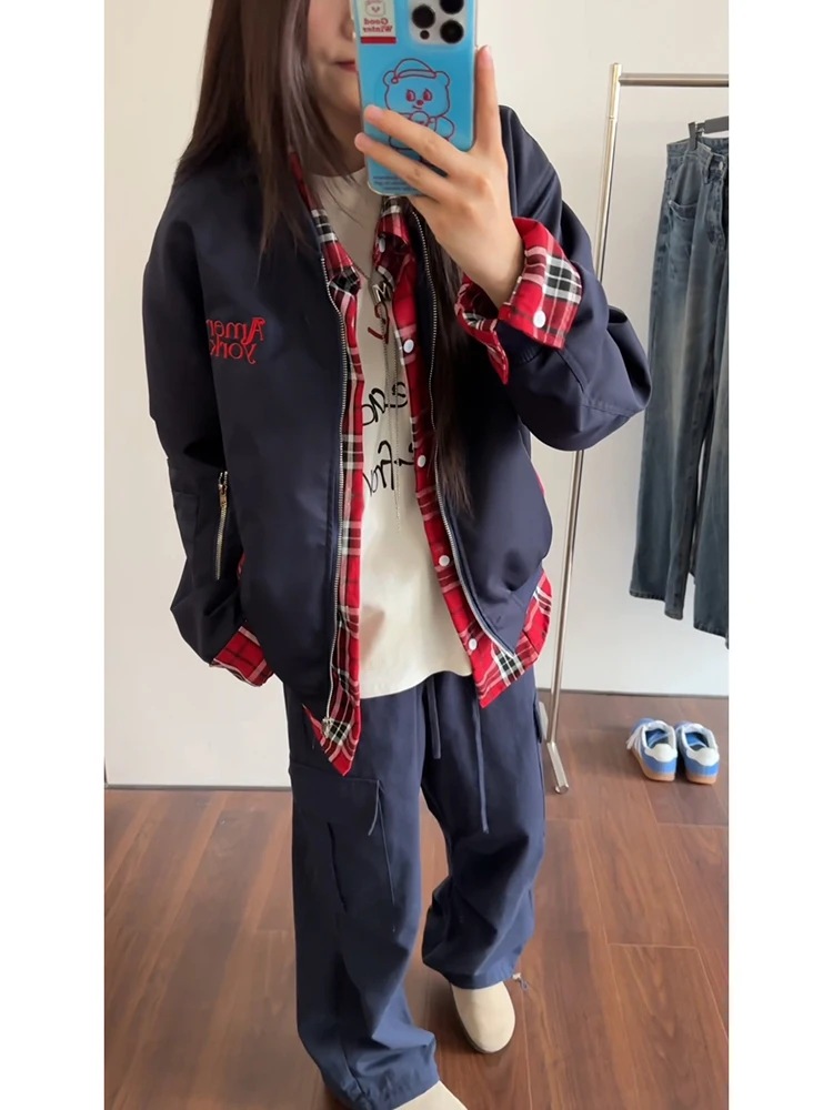 Hombres Plaid irt Jaet American Retro Sle Primavera Otoño ort Béisbol Vintage Jaet Loose Fit Water Waed Poliéster Co...