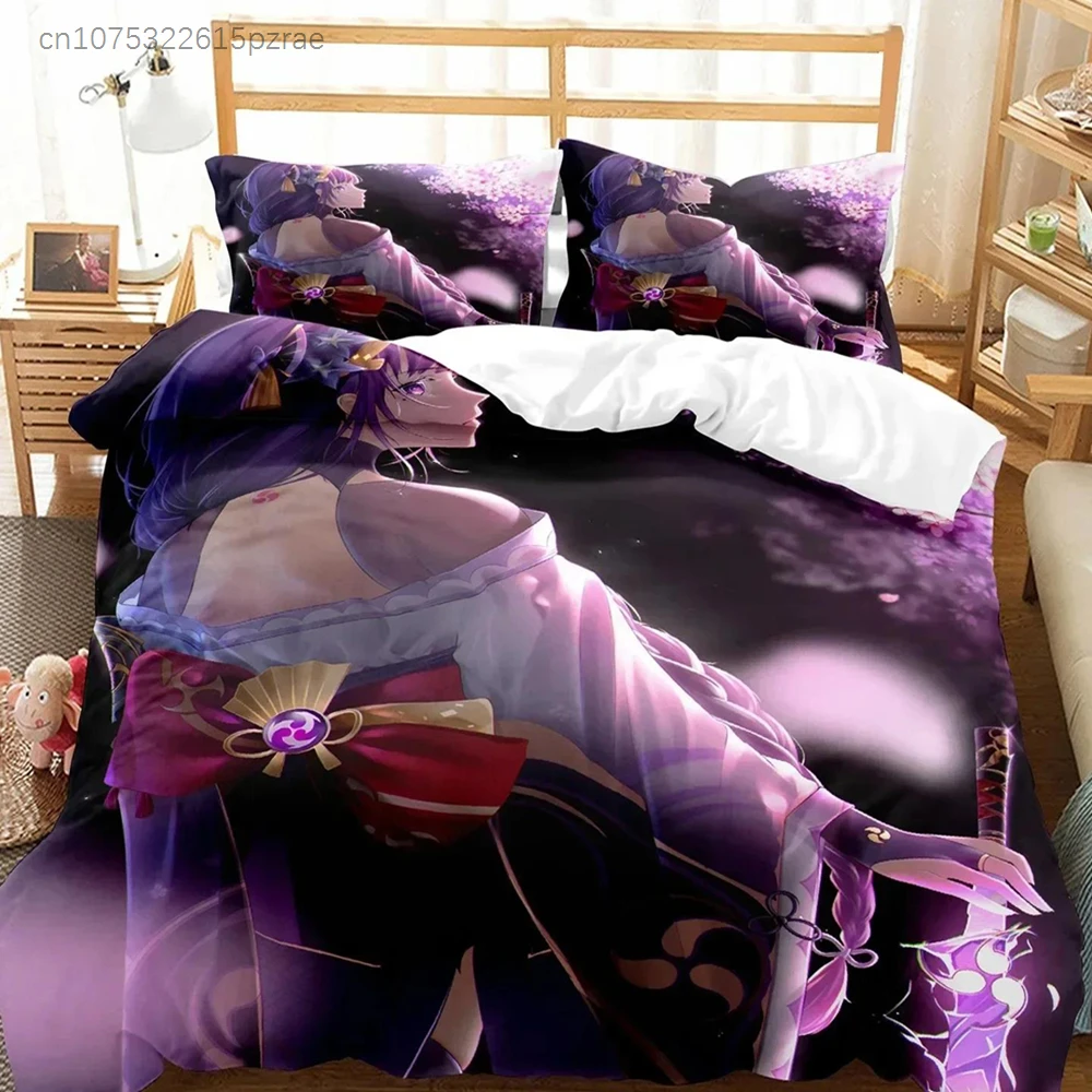 Genshin Impact Raiden Shogun Bedding Set Printed Bed Set With Pillowcase Bed Duvet Cover Soft Queen King Size Bedclothes Home