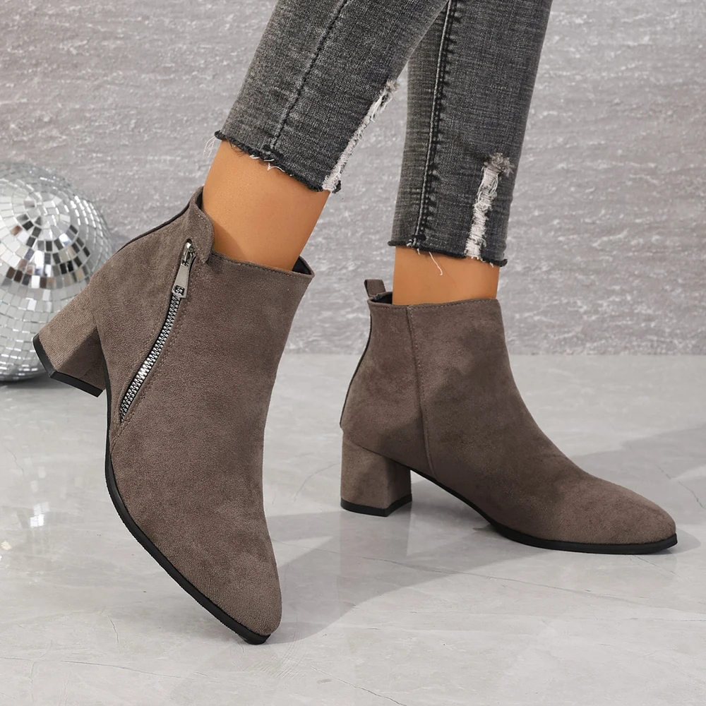 

Модные ботинки большого размера, женские короткие ботинки на массивном каблуке с острым носком, ботильоны на среднем каблуке с боковой молнией, весна-осень-зима