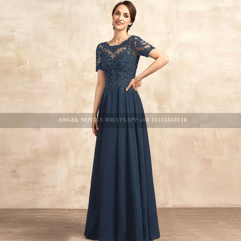 Long Blue Chiffon Mother of the Bride Dress with Short Sleeves Wedding Party Dress Vestidos De Fiestas שמלה סקסית לארוע לערב אמא