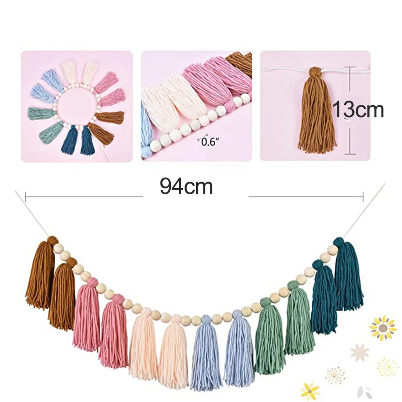 Boho Tassel Garland with Wood Bead Earth Toned Rainbow Garland for Classroom Nursery Party Kids Bedroom Room Dorm A