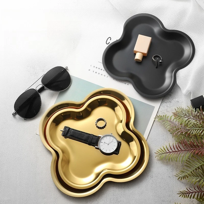 Europe Elegant Clover Tray, Modern Stainless Steel Vanity Tray, Decorative Jewelry & Makeup Organizer for Dresser Tabletop, 20cm
