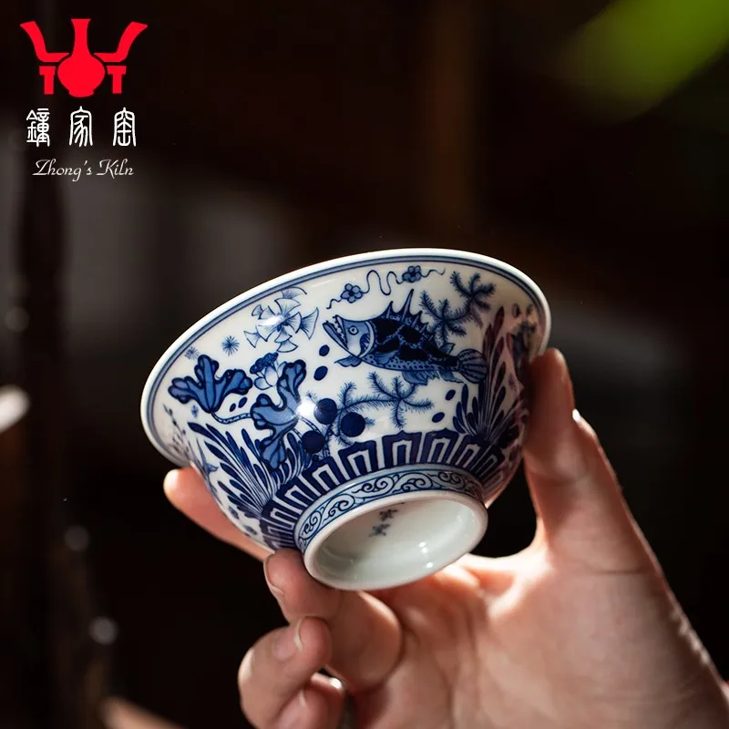 Zhongjia Kiln Jingdezhen Tea Set Full Hand Painted Blue and White Wood Kiln Fish and Algae Pattern Office Tea Cup Master Cup Men