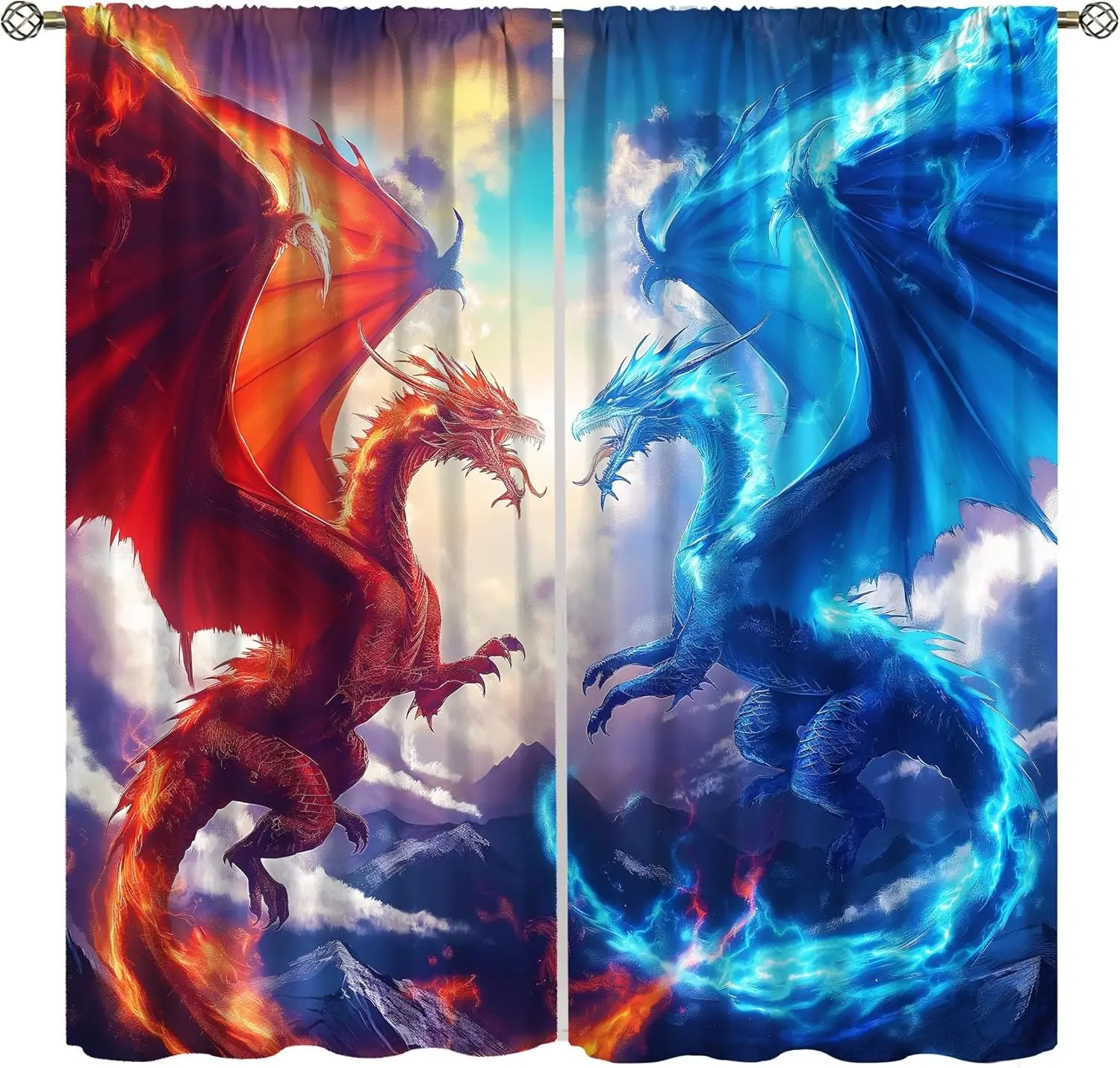 Cortinas de dragón de fuego de hielo, tratamientos de ventana de dragón volador rojo y azul de llama de cielo de fantasía misterio 3D fresco, Ro con aislamiento térmico