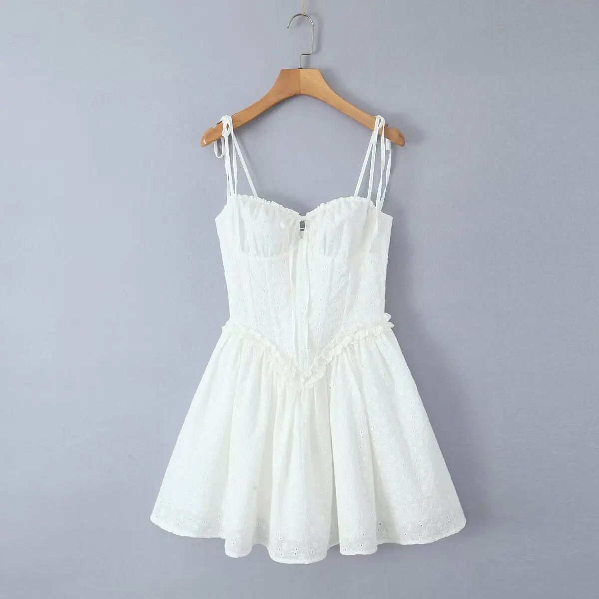 2024 Sexy White Hollow out Embroidery Lace Cotton Corset Style Bow Sling Dress Women V Low Chest Ball Gown Swing Mini Party Robe