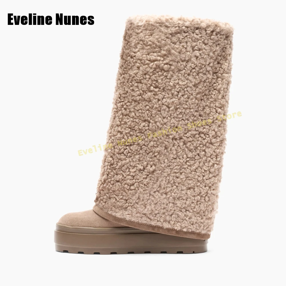 عبر تعادل الفراء كم الأحذية جولة تو حذاء بكعب سميك منصة سحب على المرقعة النساء الشتاء حذاء برقبة للركبة الثلوج موضة أحدث #4