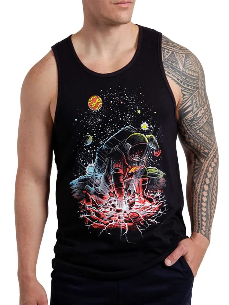 Street Trend Men's O-collar Tank Tops Astronaut Print Fashion Breathability Tank Tops Fallow Men's Sports Loose Tank Tops