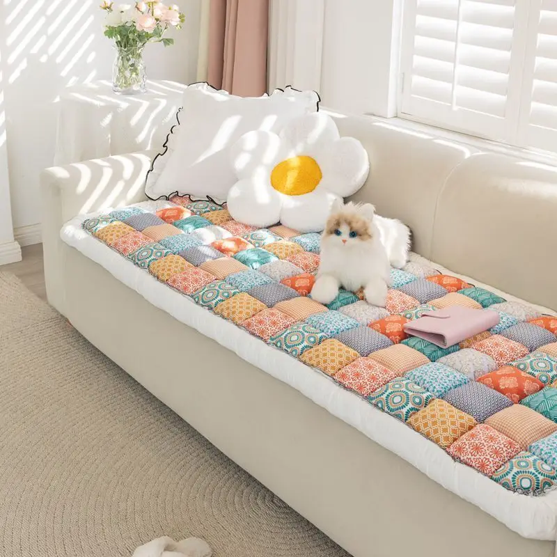 

Color-Blocked Quilted Seat Cushion Thicken Hand-Stuffed PP Cotton Non-Slip Dustproof Tatami Sofa Pad Bedside Floor Mats Cushions