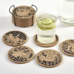 4pcs Natural Wooden Mat Cork Coaster Engraved Lovely Cat Girl Pattern Coffee Cup Mug Drinks Holder Tableware Round Drink Coaster