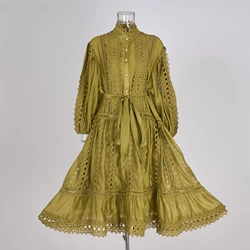 Luxury Hollow Out Dress Women Summer Embroidery Lace Organza Pearl Long Full Sleeve Evening Party Dresses Shirt Midi Vestidos