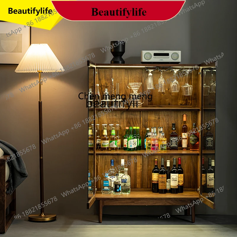 

G153 01A Solid wood wine cabinet Nordic wall glass door with light display cabinet North American black walnut log bookcase