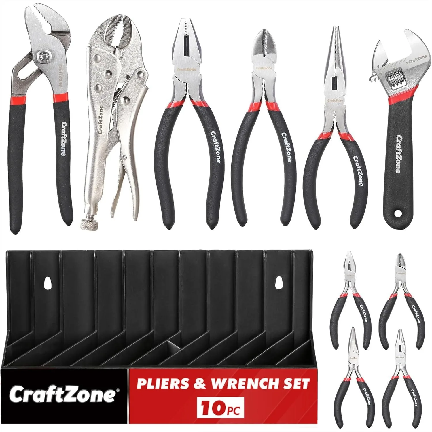 

10-Piece Pliers and Wrench Set with Storage Rack - Carbon Steel Tool Kit for DIY Home Repair