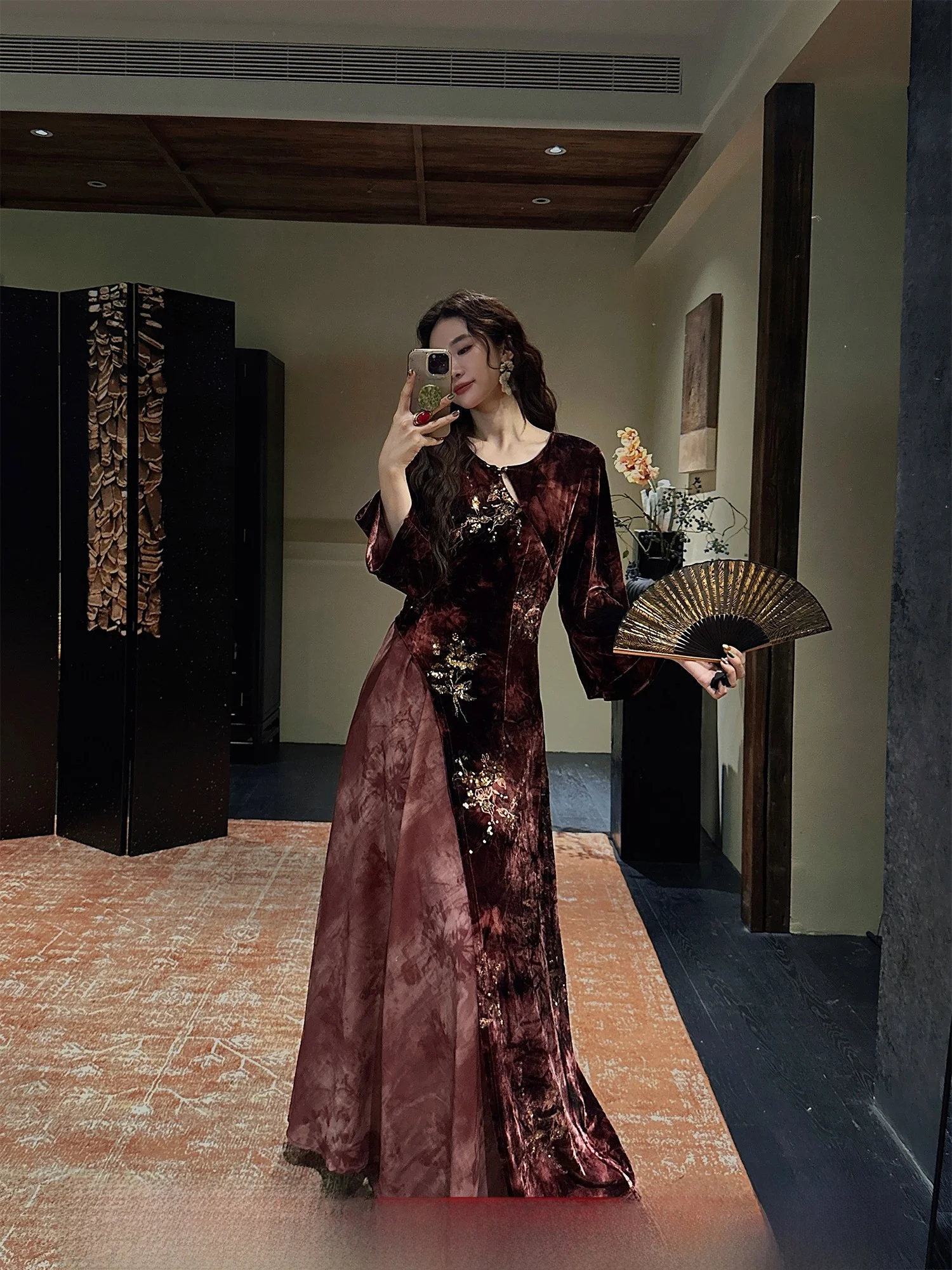 

Платье Sanji Bla Flower из бархата с длинными рукавами в стиле ретро, с китайским национальным флагом, для женщин, повседневная одежда