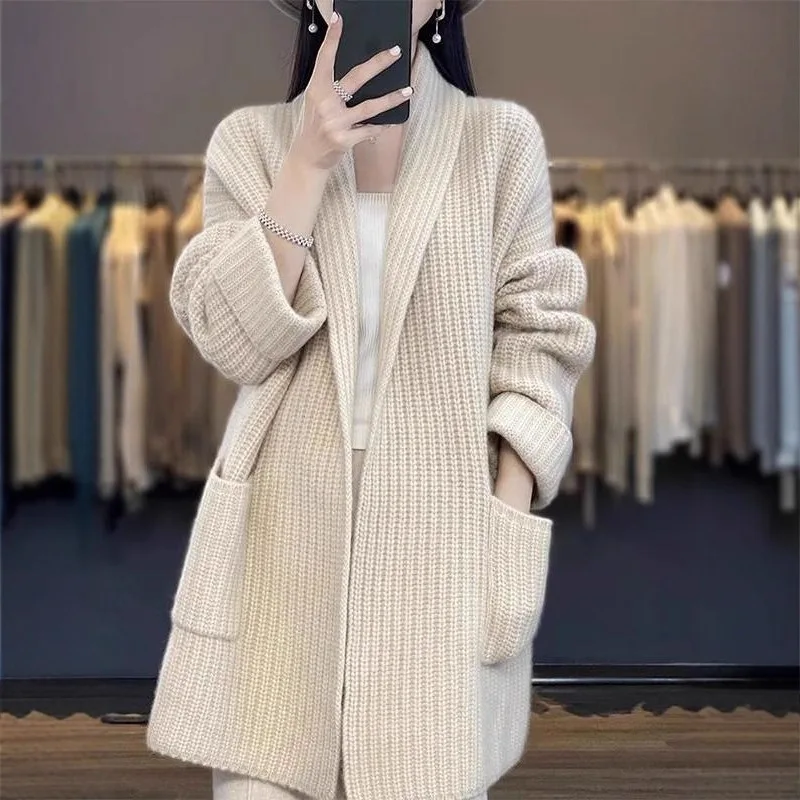 

2025 Autumn/Winter Loose-Fit Versatile Simple Casual Sweater Knitted Top Jacket Fashionable Cardigan Medium-Length Top For Women