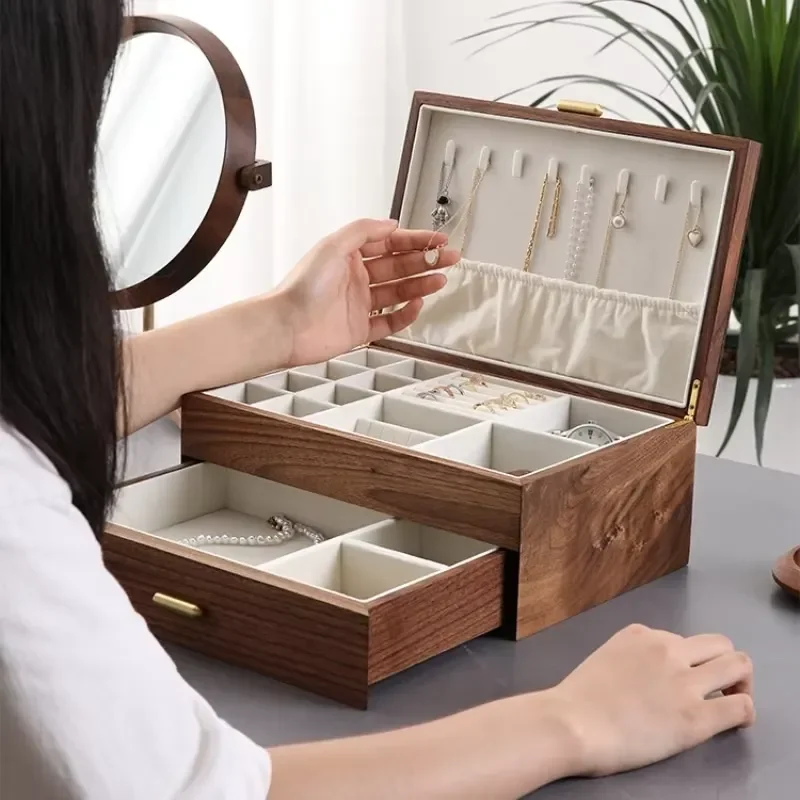 Black Walnut Jewelry Box Wall Mounted Multi Layer Storage for Earrings Hair Accessories Large Capacity Wooden Craft Organizer