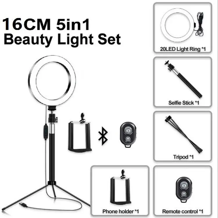 5 In 1 Dimbare Led Studio 16Cm Ring Licht Kit W/Tripod Stand Make-Up Telefoon Fotografie Video Selfie live Stream Schoonheid Vullen Lamp
