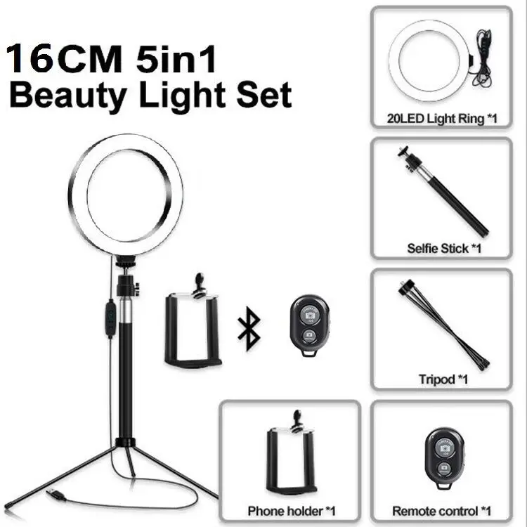 5 in 1 Dimmable LED Studio 16CM Ring Light Kit w/Tripod Stand Makeup Phone Photography Video Selfie Live stream Beauty Fill lamp