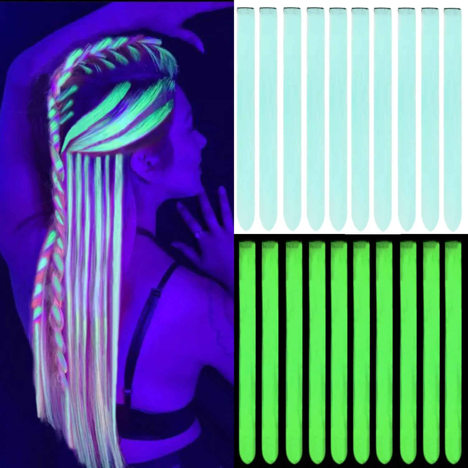 Glow In The Dark Clip‑In Hair Extensions 24 Inch Synthetic Peekaboo Highlight Hairpieces For Festival Halloween Party