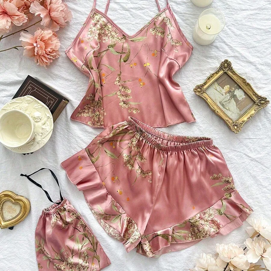 

Three-Piece Womens Summer Satin Pajama Set With Floral Print V-Neck Sleeveless Top And Ruffled Shorts