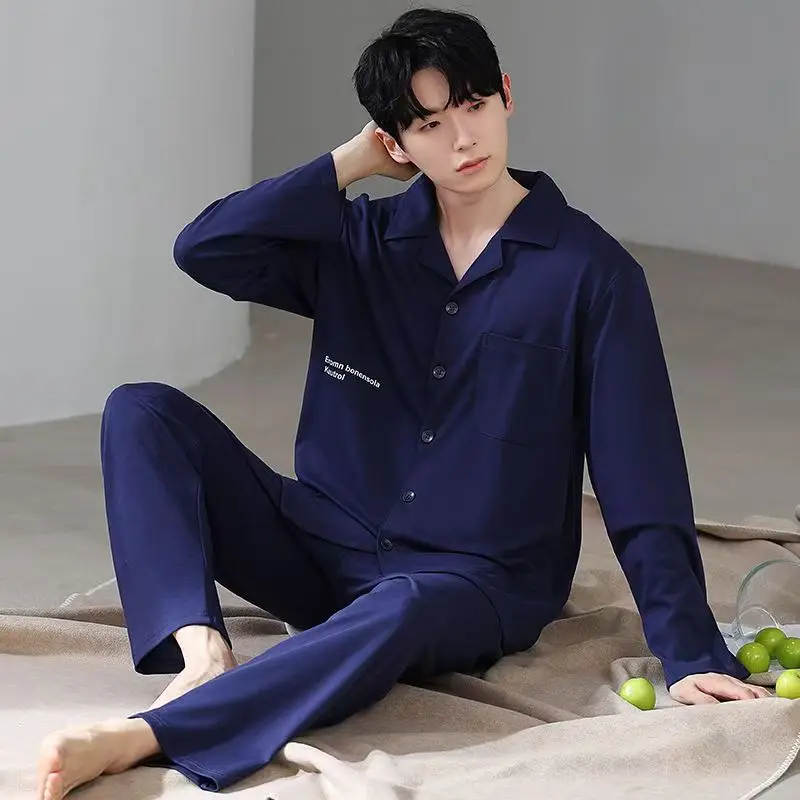 Повседневные носимые мужские пижамы, весенне-осенние длинные брюки с длинными рукавами, кардиган с лацканами, домашняя одежда, клетчатый комплект большого размера