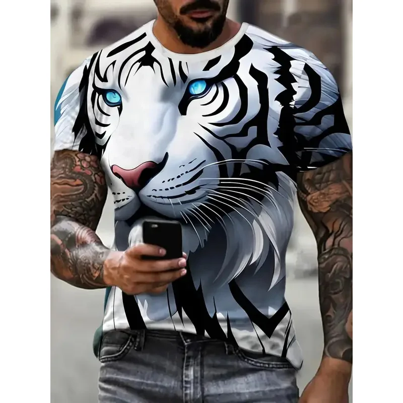 

Men's White Tiger Print T-Shirt 3D Animal Pattern Trend Personality O-Neck Short Sleeve Oversized T-Shirt Summer Street Clothing
