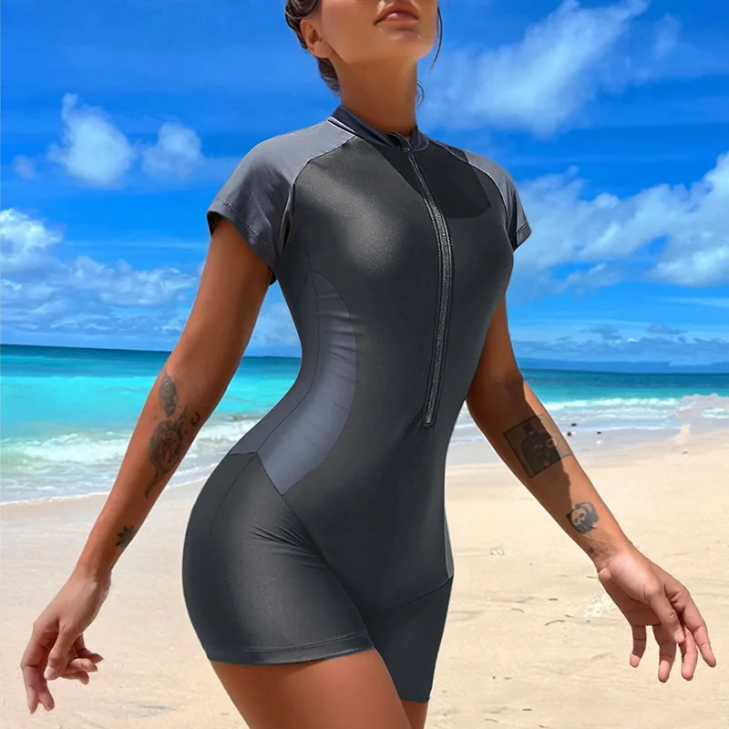 2026 Grey Black Color Block Zipper One Piece Swimsuit Women Tummy Control Push Up Swimwear Beach Corset Romper Sexy Bathing Suit