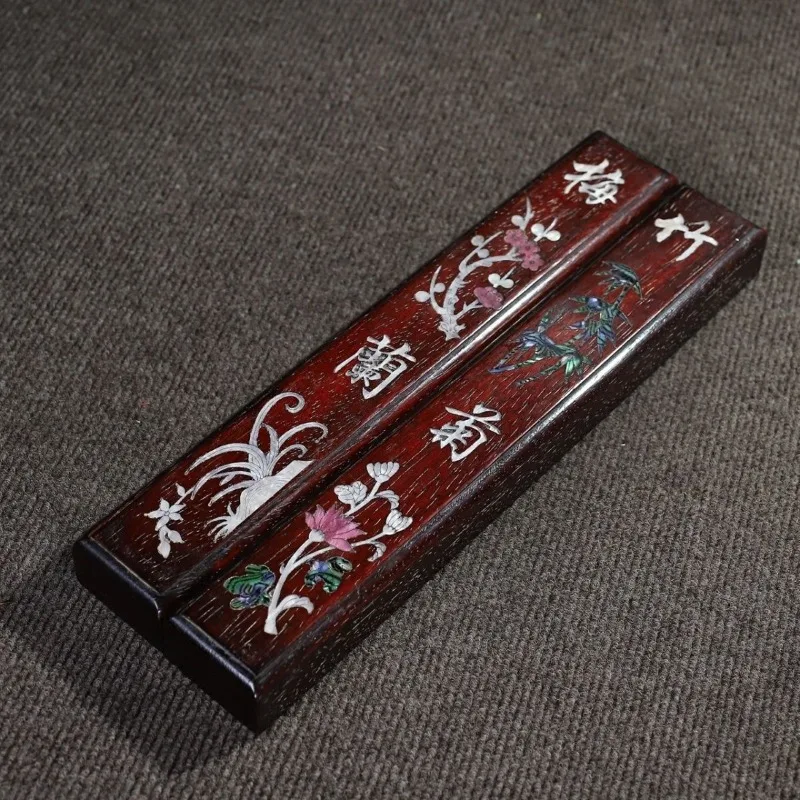 Vintage Chinese Hardwood Paperweight Pair Mother-of-Pearl Shell Inlaid Four Gentlemen Flowers Calligraphy Press Ruler Desk Decor