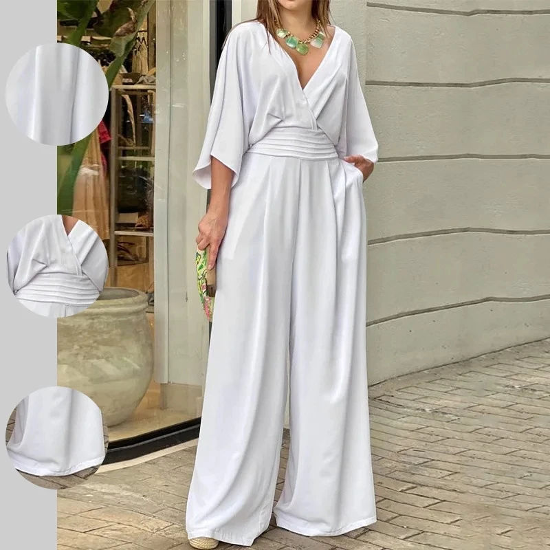 

Spring 2026 New White V Neck Waist Cinching Pleated Wide Leg Jumpsuit Women Suit Minimalist Fashion Solid Color Elegant