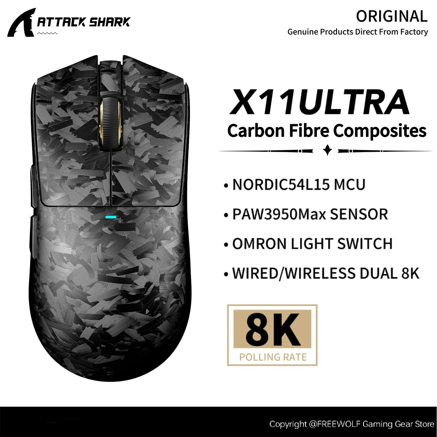 

Wired/Wireless Dual 8K X11Ultra Mouse-Mini Receiver,Attack Shark Nordic54L15 MCU,42000DPI,PAW3950Max Sensor,Wired/2.4G/BT