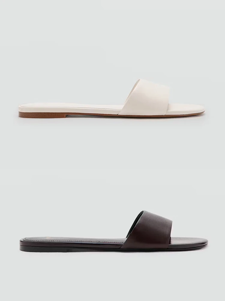 

Mango Women's Slip-On Flat Bottom Sandals Summer Outdoor Wear Painted Leather Minimalist Style Single Strap Slippers
