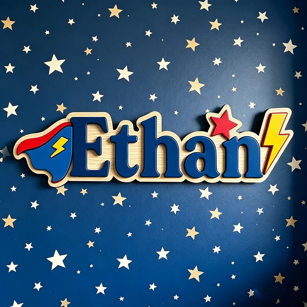 Custom Superhero Name Sign for The Dearest Baby, Neutral Star & Lightning Nursery Wooden Door Plaque image 3