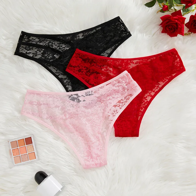 Women Lace Sexy Panties Perspective Floral Underwear Low Waist Mesh Ladies Briefs Solid Breathable Female Underpants Lingerie