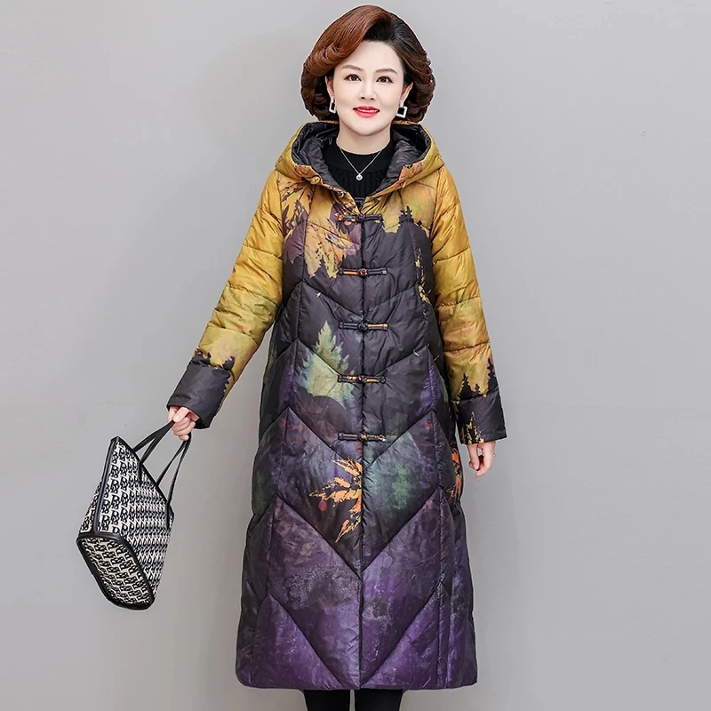 2024 Chinese style Vintage Single Breasted Ultra Light Down X-long Coat Winter Women White Duck Down Jacket Ink Painting Outwear