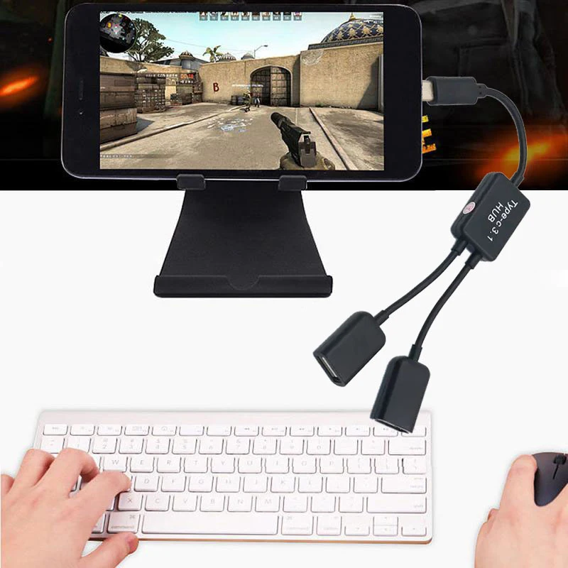 كابل Micro USB/Type C إلى 2 OTG ثنائي المنفذ Y Splitter لمحول محول Android للكمبيوتر اللوحي