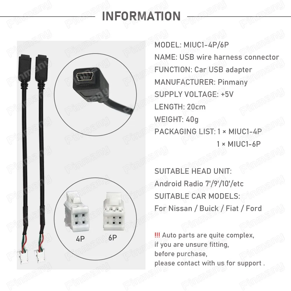Pinmany Car Radio USB Cable Connector 4-pin 6-pin USB2.0 Audio Data Wire Harness Adapter for Opel, Chevrolet, GMC, Fiat