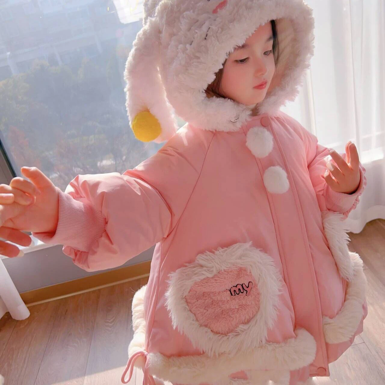 

Kids Clothes Warm Warm Winter Thick Baby Girl Pink Cotton Cute Hodded Outwear Bow Sweet Princess Snow Long Jacket Coat Jacket