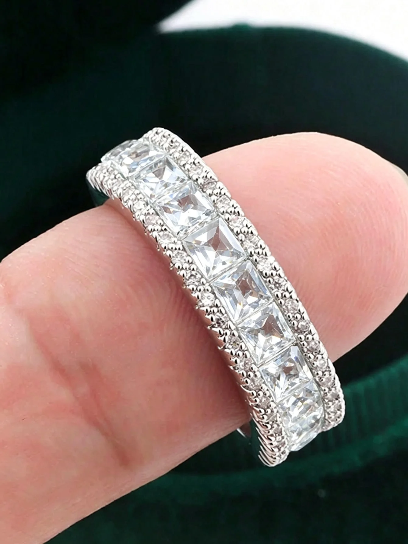 Luxury Full Eternity Ring Princess Cut Clear Zircon Pave Milgrain Edge 925 Silver Plated Ring For Women Wedding Bridal Jewelry