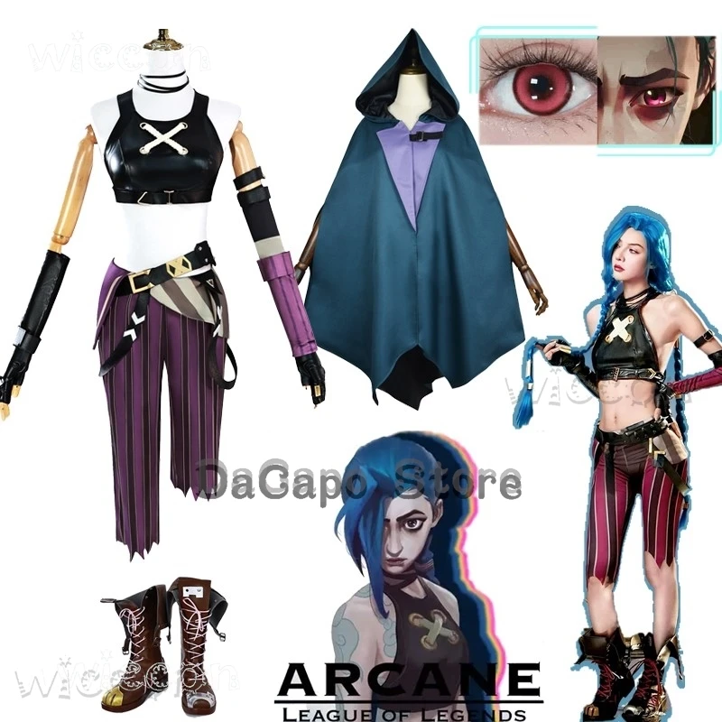 LOL Arcane S2 Jinx Powder Pow-Pow Cosplay Hooded Cape Shorts Costumes Wig Prop Cloak Jinx Shoes Eye Props Anime Halloween Party