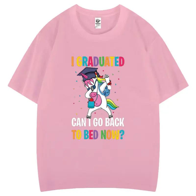 Camiseta de algodón con estampado de unicornios divertidos, graduado puedo ir de vuelta a la cama ahora, camisetas con estampado estético de moda con gráfico de dibujos animados de estilo Humor