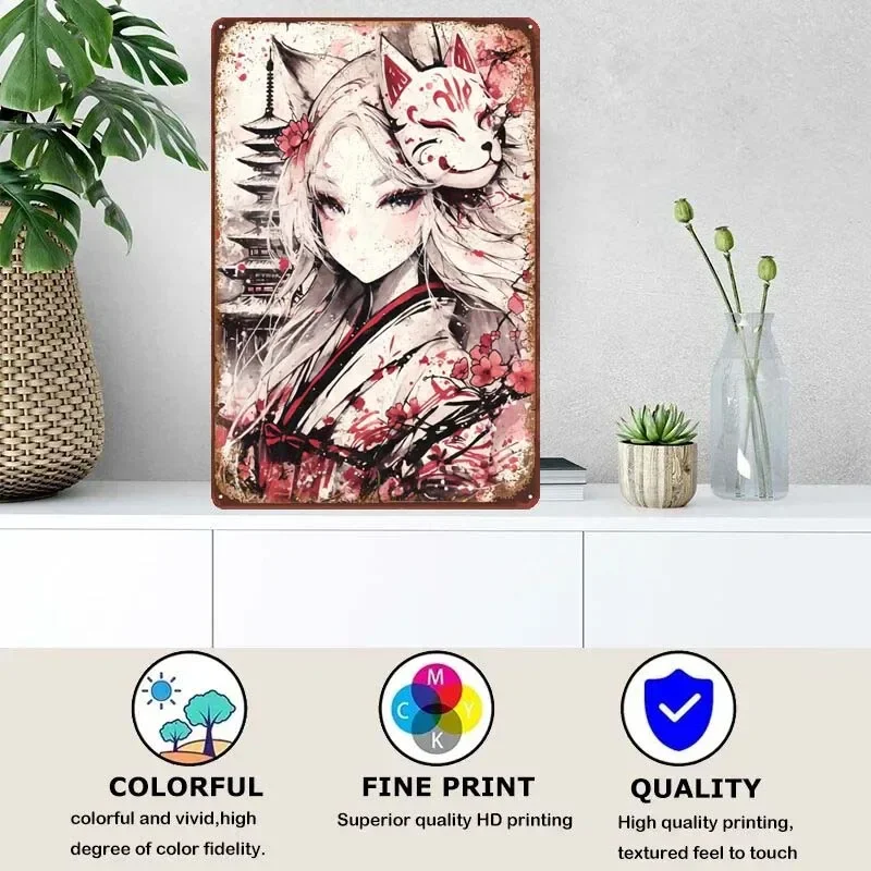 Anime Miko With Fox Mask Wall Decoration Custom Metal Signs Retro Tin Sign Decorating for Pub Club Garage Game Room House Decor