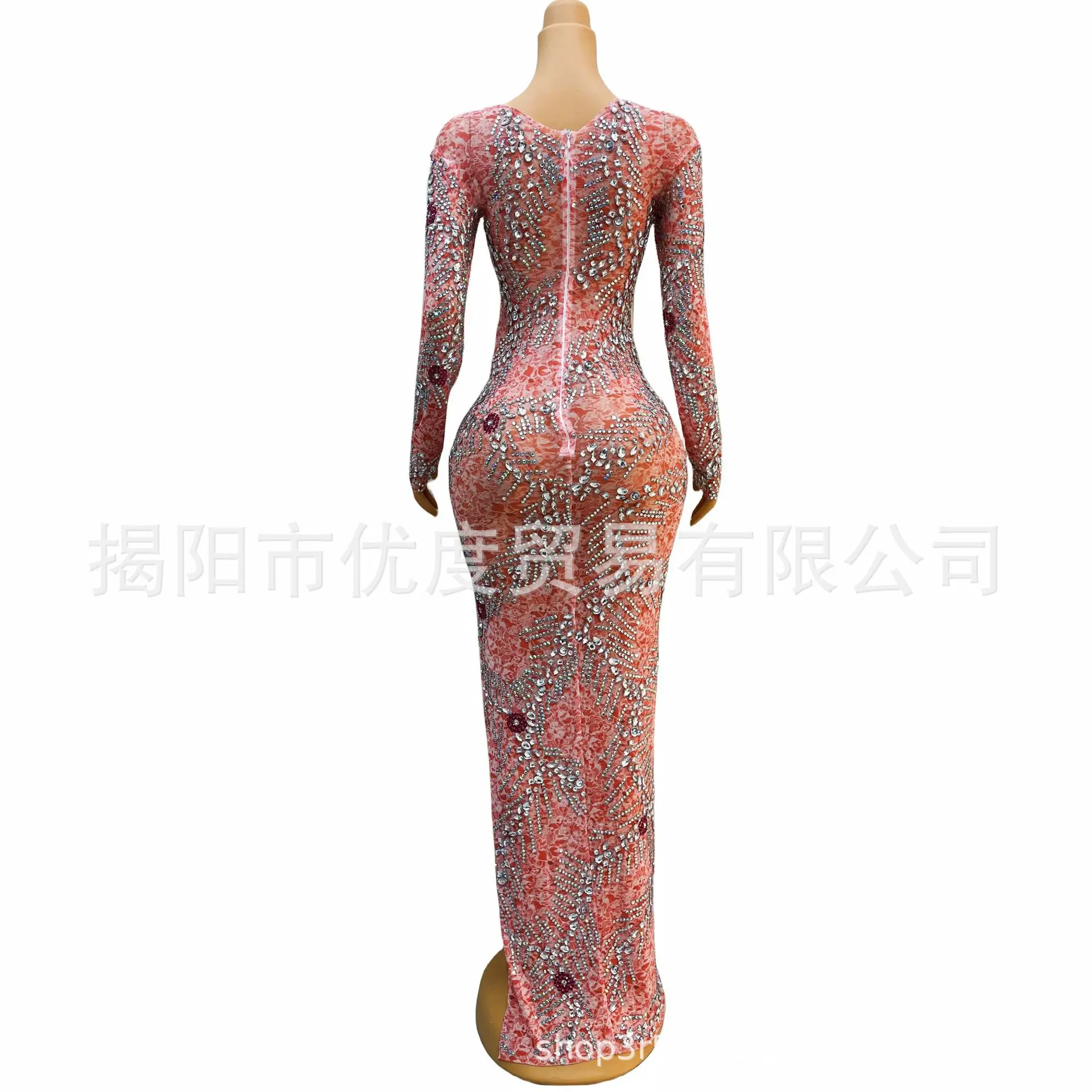 2026 مسحوق المرجان الجبهة سبليت لامعة منظور شبكة مرصعة بأحجار الراين مزاجه كوكتيل حفلة عيد ميلاد فستان الأداء الليلي