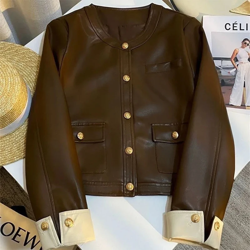 Fashionable round Neck Retro Jacket Leather Shirt Fragrance Style New Short Outerwear Elegance Fashion Top Women's Clothing