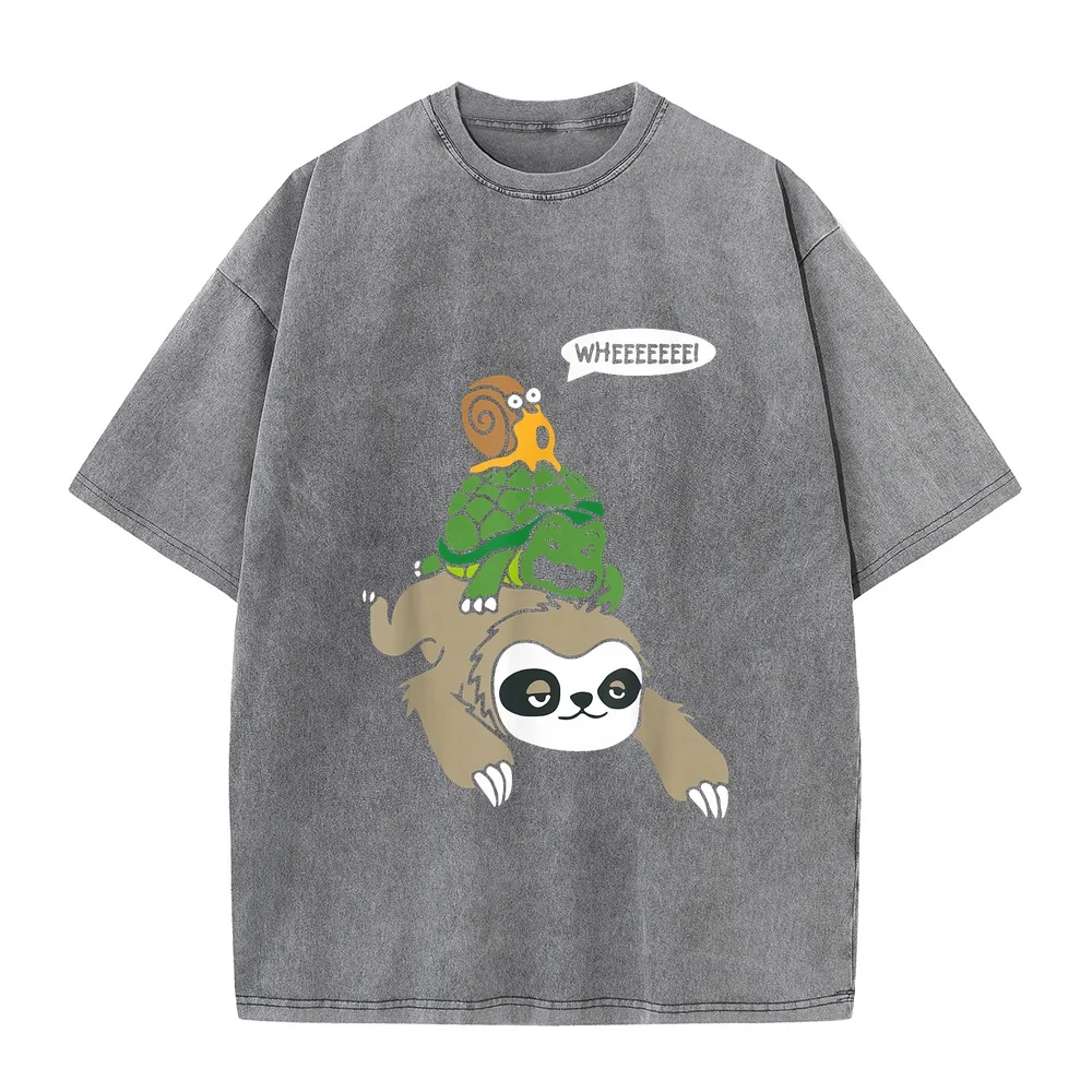 Sloth Turtle Snail Piggyback Animal Running Wild T-Shirt Рубашка Oversize Hombre Polera Short Sleeve 100 Cotton Men Shirt