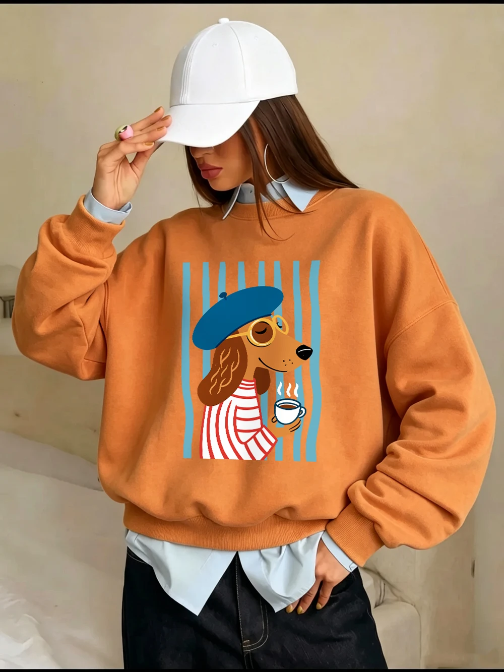 Sweatshirt mit französischer Dackel-Illustration, für Damen, lockerer, sportlicher Kapuzenpullover, Fleece, warm, Rundhalsausschnitt, Herbst, weiche Damenkleidung – Detail 14