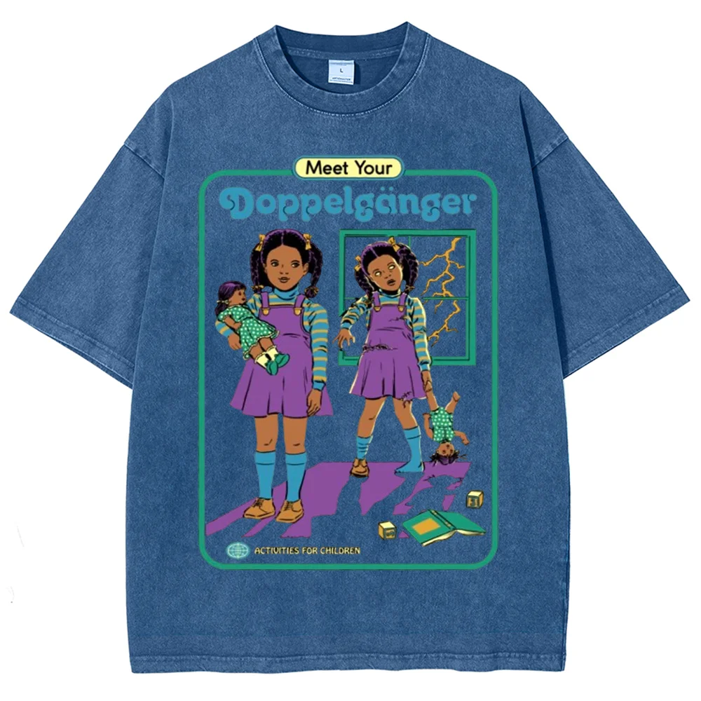 Meet Your Doppelgänger Retro Cartoon Print T-shirt Vintage Wash Oversized Unisex Weird Gothic Aesthetic Streetwear Casual Tee