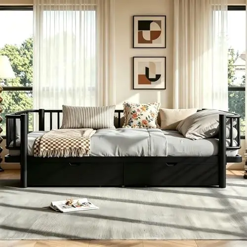 Metal Queen Daybed Frame with Storage Drawers & Detachable Fence, Can be Transformed into Platform Bed, Queen Size
